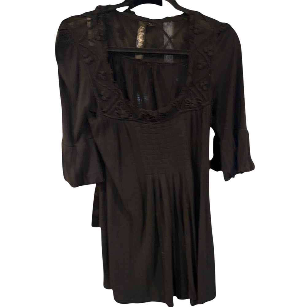 Lu Luvia Black Lace Trim Ruffle Sleeve Pintuck Tunic Top Peasant Women's L Boho